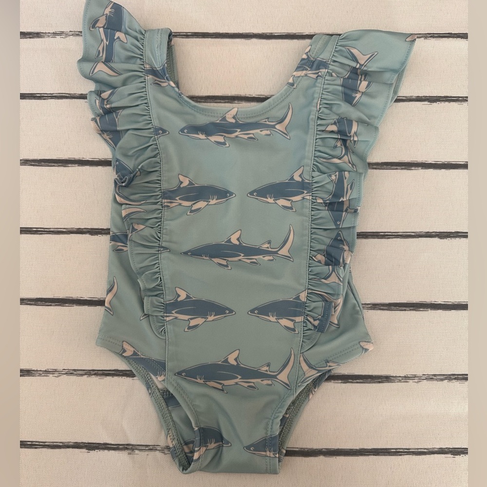 Kate Quinn Blue Shark Print Swimsuit with Ruffle Sleeves, 12-18m